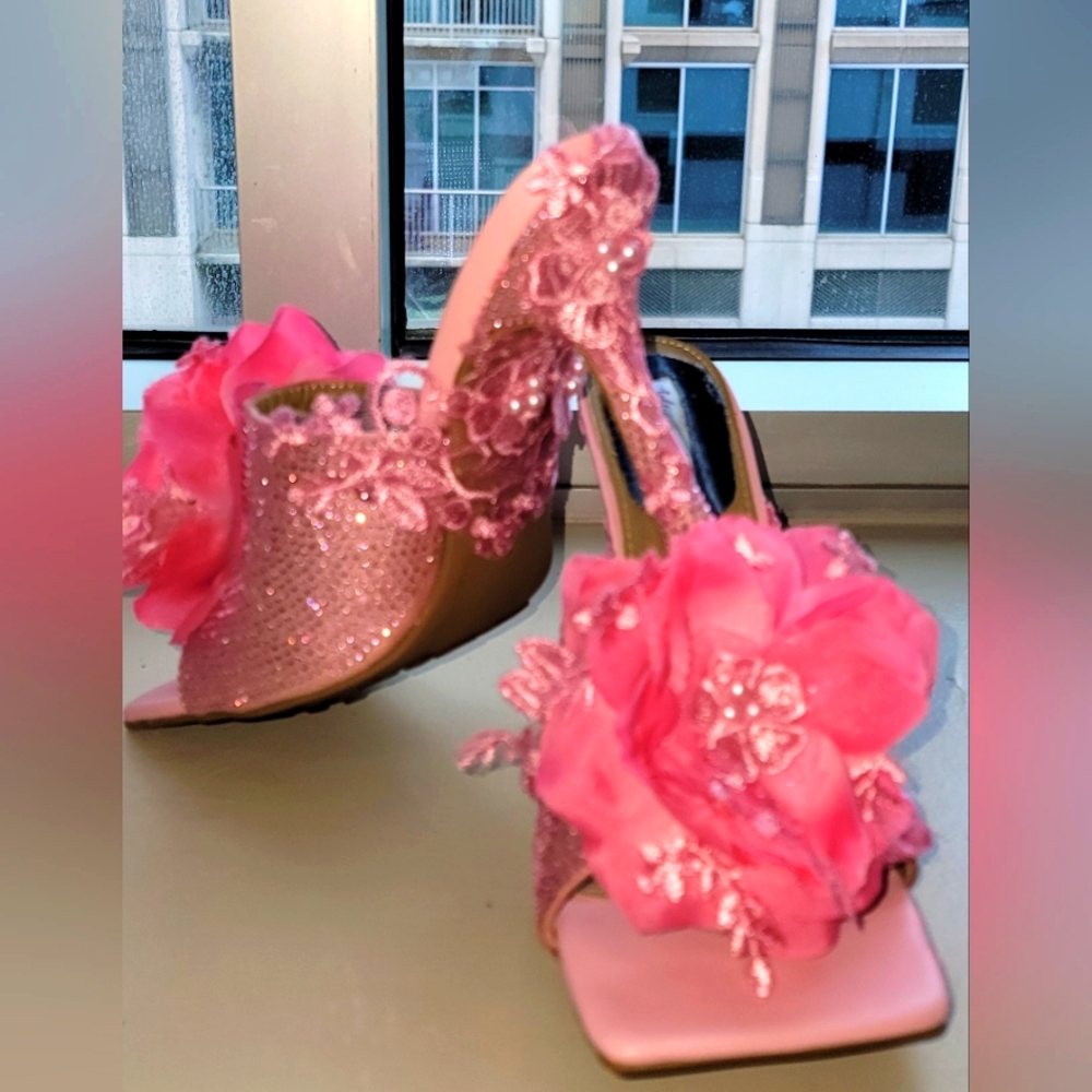 "VANJA" Elegant Pink Rose Detail Mule Heels